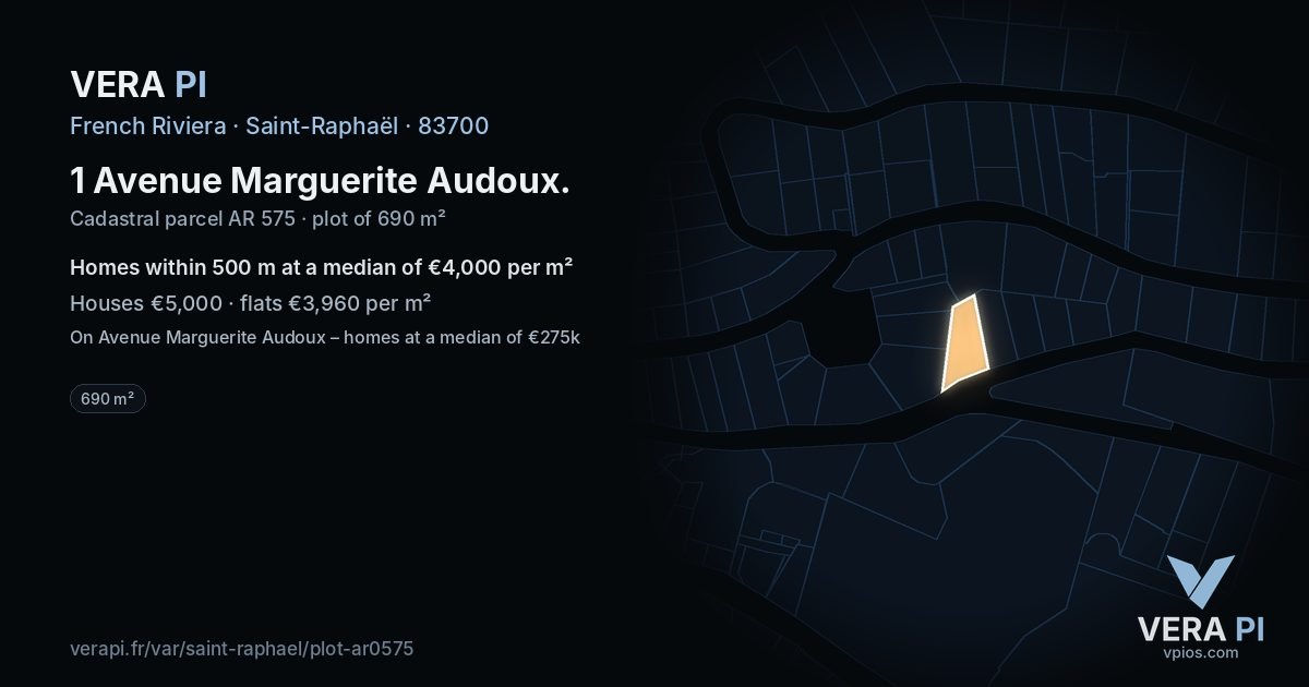 1 Avenue Marguerite Audoux, Saint-Raphaël at night – the plot lit, the parcels around coloured by the prices near them