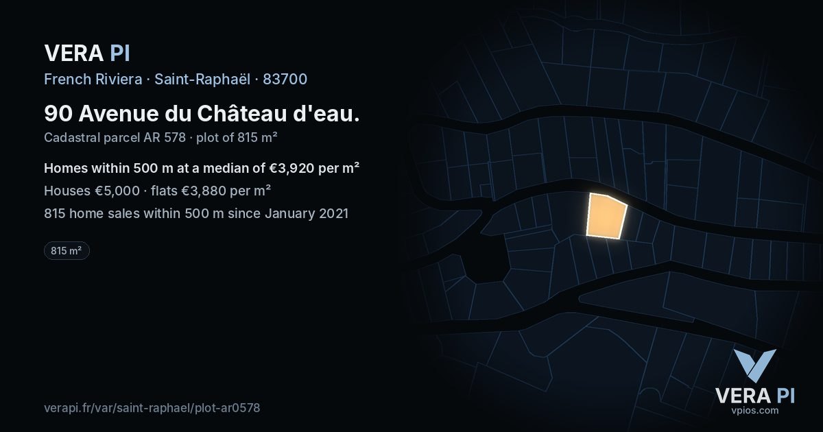 90 Avenue du Château d'eau, Saint-Raphaël at night – the plot lit, the parcels around coloured by the prices near them