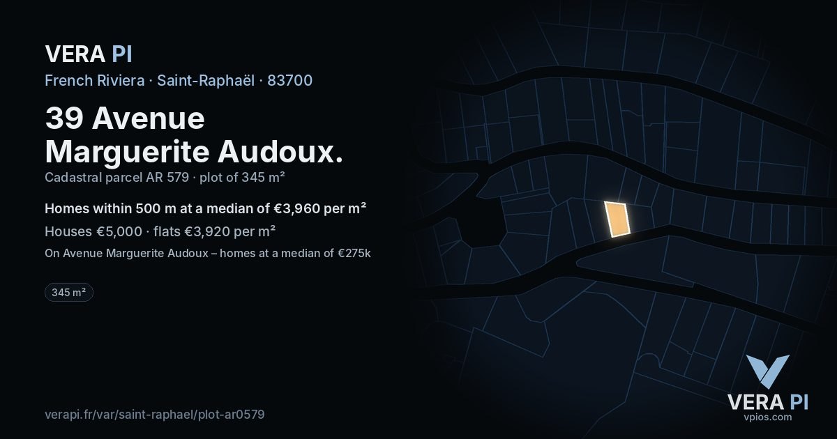 39 Avenue Marguerite Audoux, Saint-Raphaël at night – the plot lit, the parcels around coloured by the prices near them
