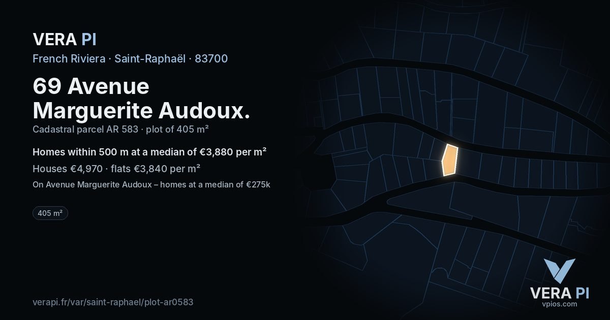 69 Avenue Marguerite Audoux, Saint-Raphaël at night – the plot lit, the parcels around coloured by the prices near them