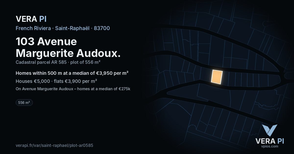 103 Avenue Marguerite Audoux, Saint-Raphaël at night – the plot lit, the parcels around coloured by the prices near them