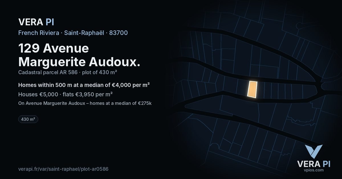 129 Avenue Marguerite Audoux, Saint-Raphaël at night – the plot lit, the parcels around coloured by the prices near them
