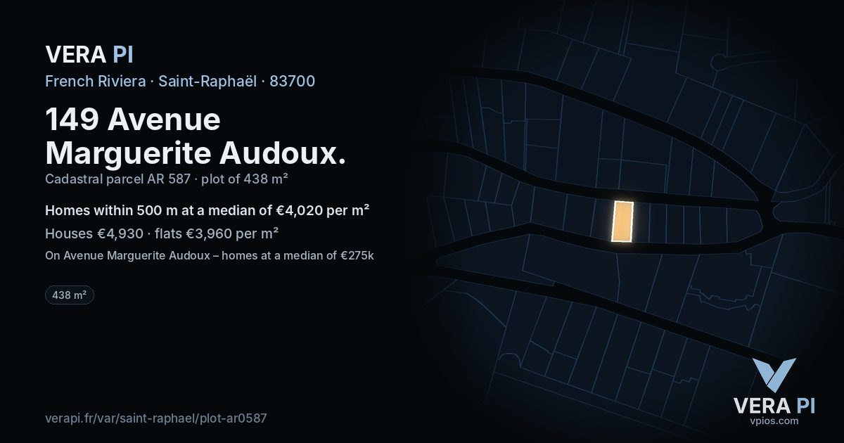 149 Avenue Marguerite Audoux, Saint-Raphaël at night – the plot lit, the parcels around coloured by the prices near them