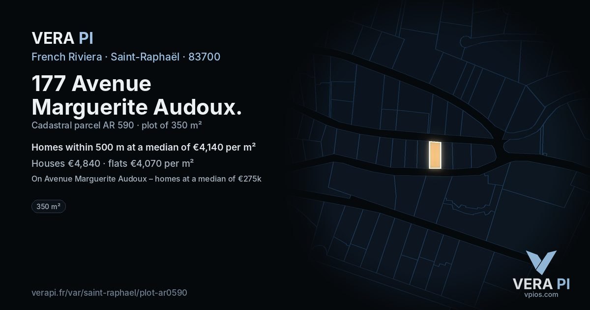 177 Avenue Marguerite Audoux, Saint-Raphaël at night – the plot lit, the parcels around coloured by the prices near them