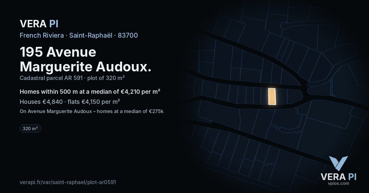 195 Avenue Marguerite Audoux, Saint-Raphaël at night – the plot lit, the parcels around coloured by the prices near them