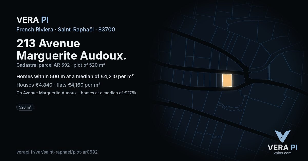 213 Avenue Marguerite Audoux, Saint-Raphaël at night – the plot lit, the parcels around coloured by the prices near them