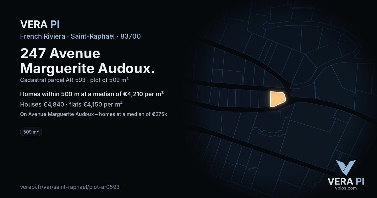 247 Avenue Marguerite Audoux, Saint-Raphaël at night – the plot lit, the parcels around coloured by the prices near them