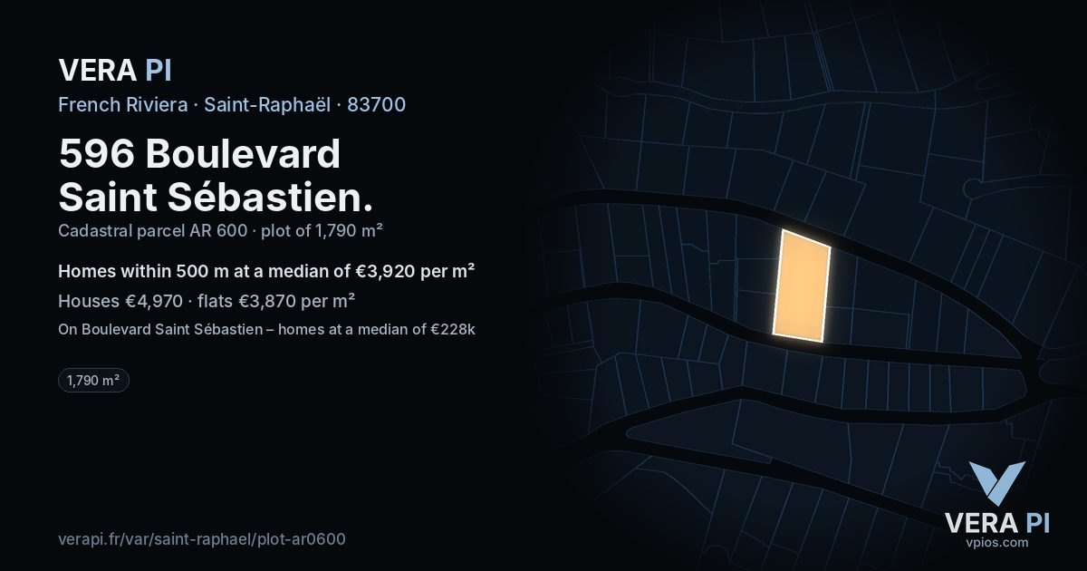 596 Boulevard Saint Sébastien, Saint-Raphaël at night – the plot lit, the parcels around coloured by the prices near them