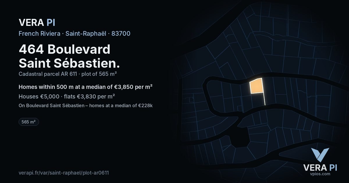 464 Boulevard Saint Sébastien, Saint-Raphaël at night – the plot lit, the parcels around coloured by the prices near them