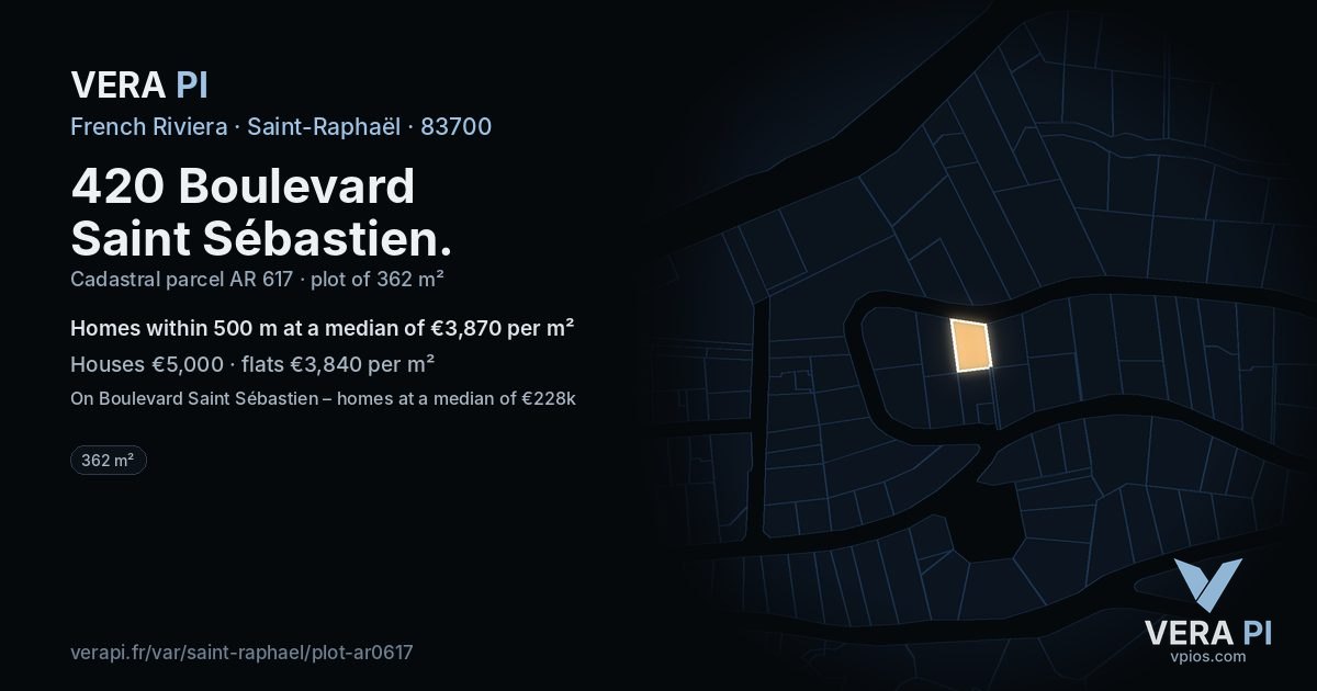 420 Boulevard Saint Sébastien, Saint-Raphaël at night – the plot lit, the parcels around coloured by the prices near them