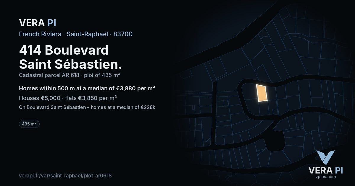 414 Boulevard Saint Sébastien, Saint-Raphaël at night – the plot lit, the parcels around coloured by the prices near them