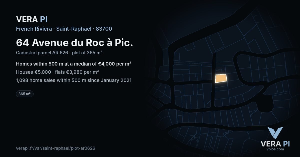 64 Avenue du Roc à Pic, Saint-Raphaël at night – the plot lit, the parcels around coloured by the prices near them