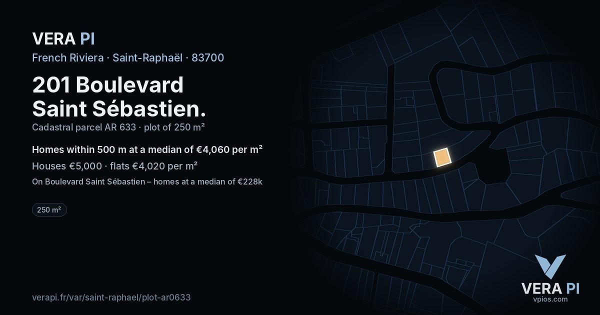 201 Boulevard Saint Sébastien, Saint-Raphaël at night – the plot lit, the parcels around coloured by the prices near them