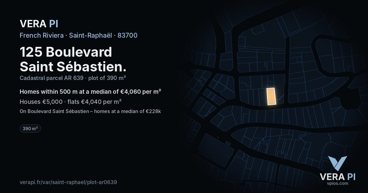 125 Boulevard Saint Sébastien, Saint-Raphaël at night – the plot lit, the parcels around coloured by the prices near them