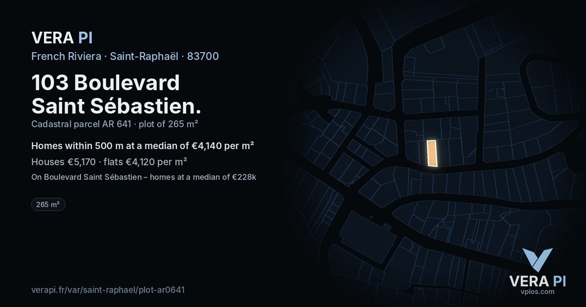103 Boulevard Saint Sébastien, Saint-Raphaël at night – the plot lit, the parcels around coloured by the prices near them