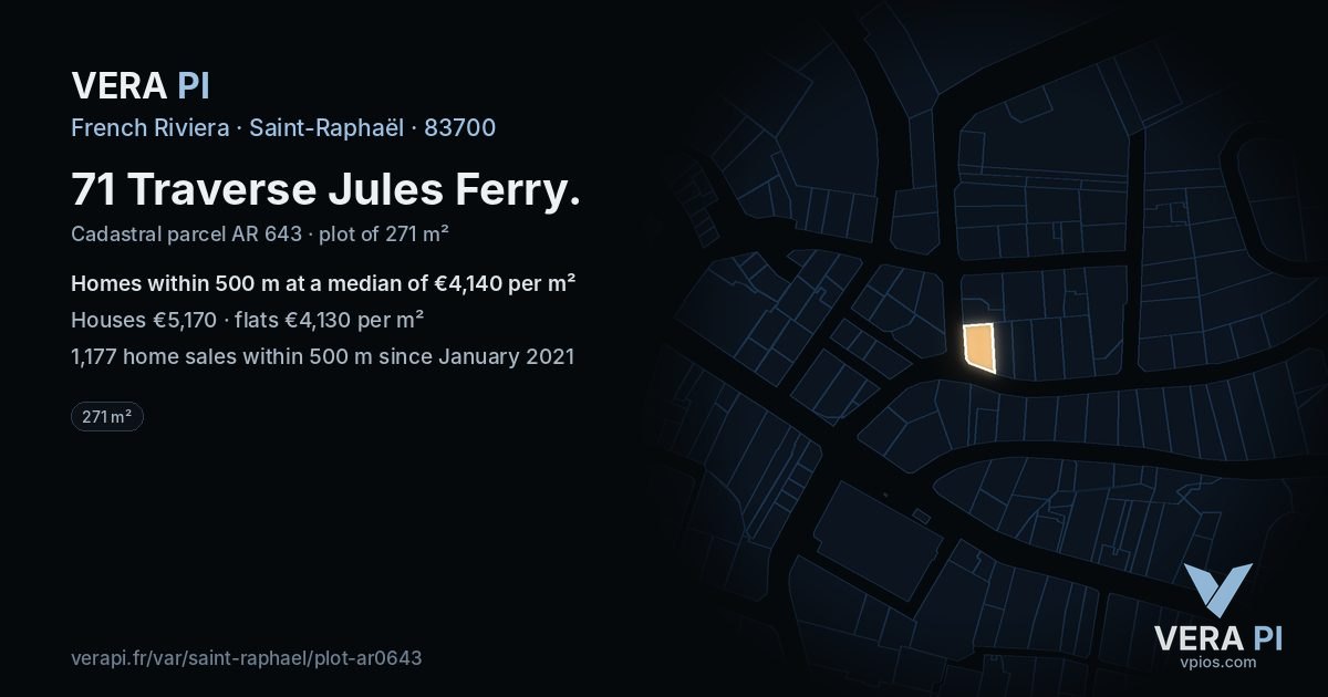 71 Traverse Jules Ferry, Saint-Raphaël at night – the plot lit, the parcels around coloured by the prices near them