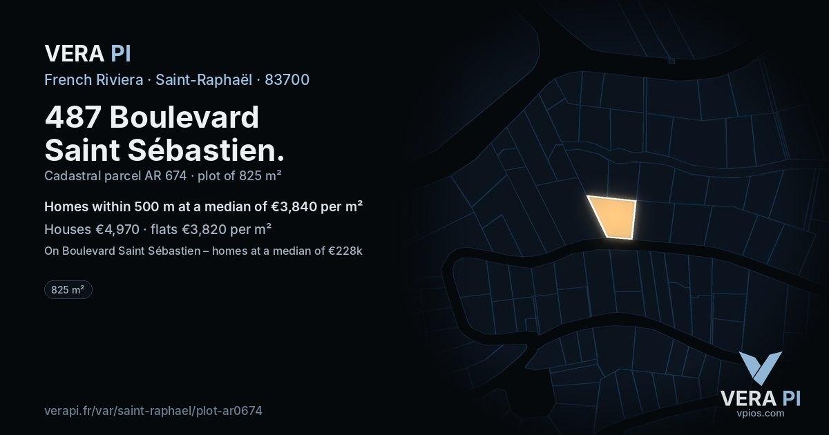 487 Boulevard Saint Sébastien, Saint-Raphaël at night – the plot lit, the parcels around coloured by the prices near them