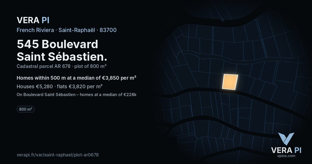 545 Boulevard Saint Sébastien, Saint-Raphaël at night – the plot lit, the parcels around coloured by the prices near them