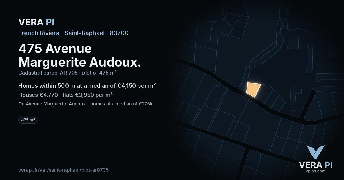 475 Avenue Marguerite Audoux, Saint-Raphaël at night – the plot lit, the parcels around coloured by the prices near them