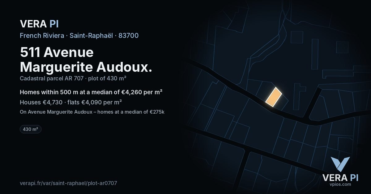 511 Avenue Marguerite Audoux, Saint-Raphaël at night – the plot lit, the parcels around coloured by the prices near them