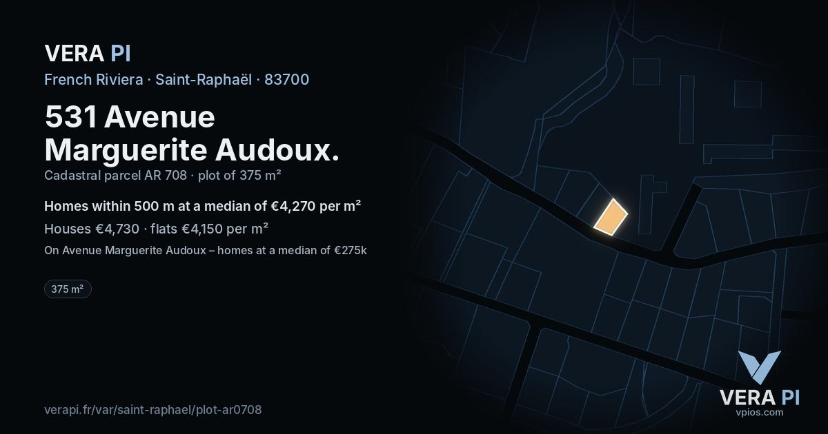 531 Avenue Marguerite Audoux, Saint-Raphaël at night – the plot lit, the parcels around coloured by the prices near them