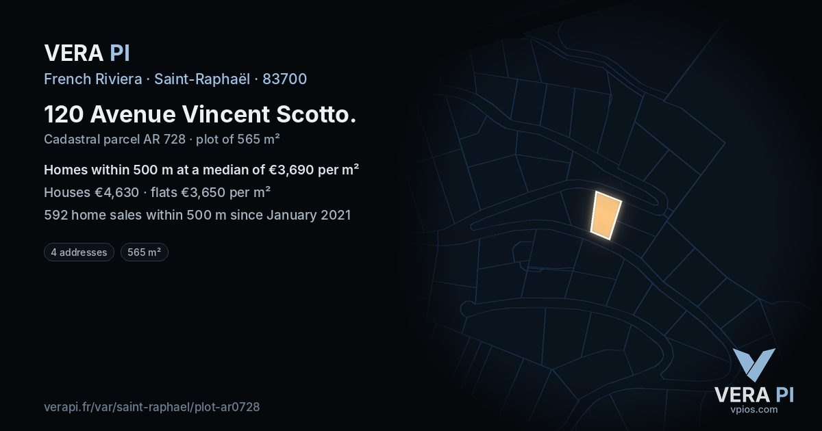 120 Avenue Vincent Scotto, Saint-Raphaël at night – the plot lit, the parcels around coloured by the prices near them