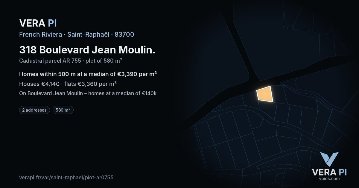 318 Boulevard Jean Moulin, Saint-Raphaël at night – the plot lit, the parcels around coloured by the prices near them