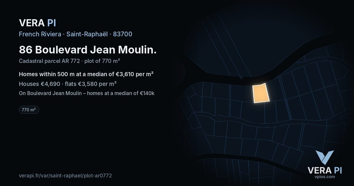 86 Boulevard Jean Moulin, Saint-Raphaël at night – the plot lit, the parcels around coloured by the prices near them