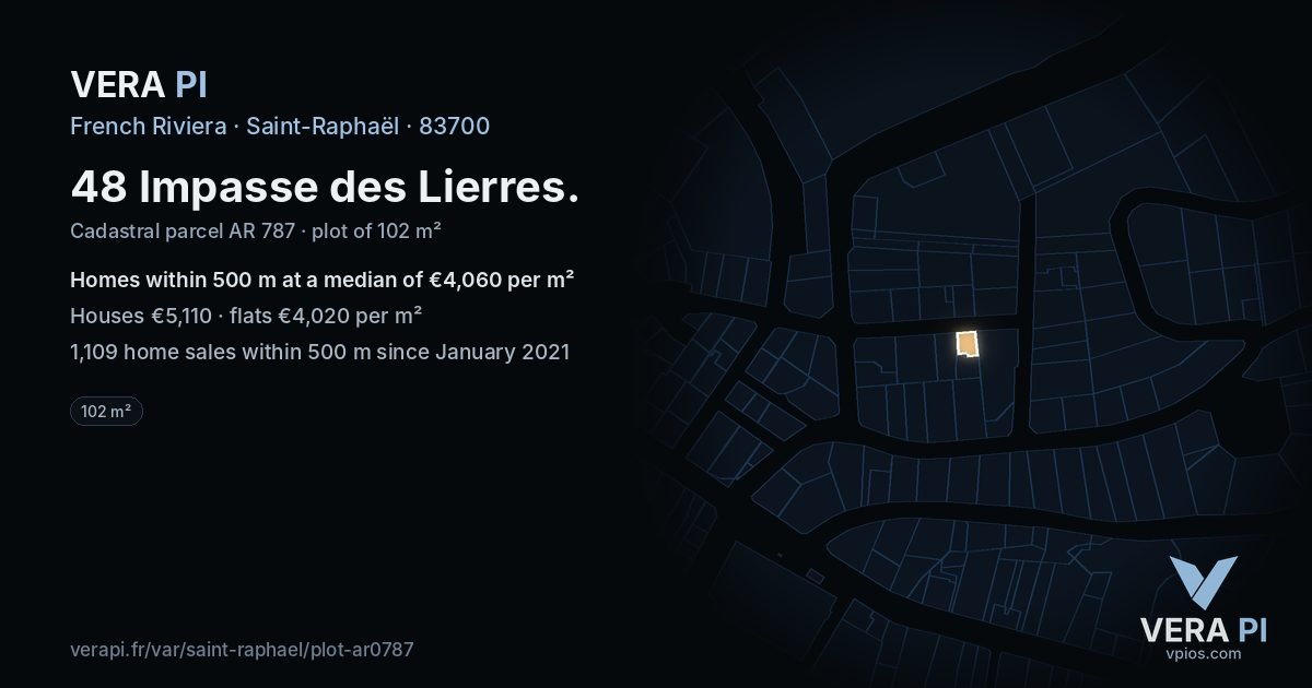 48 Impasse des Lierres, Saint-Raphaël at night – the plot lit, the parcels around coloured by the prices near them