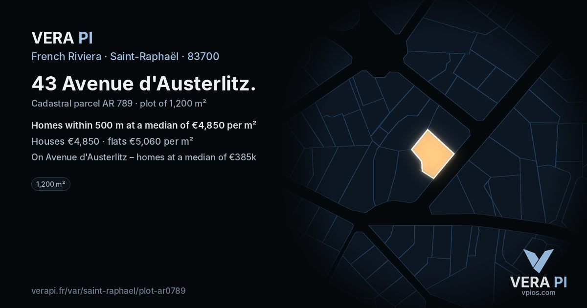 43 Avenue d'Austerlitz, Saint-Raphaël at night – the plot lit, the parcels around coloured by the prices near them