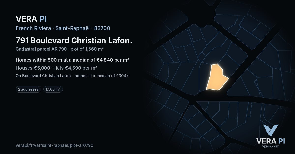 791 Boulevard Christian Lafon, Saint-Raphaël at night – the plot lit, the parcels around coloured by the prices near them