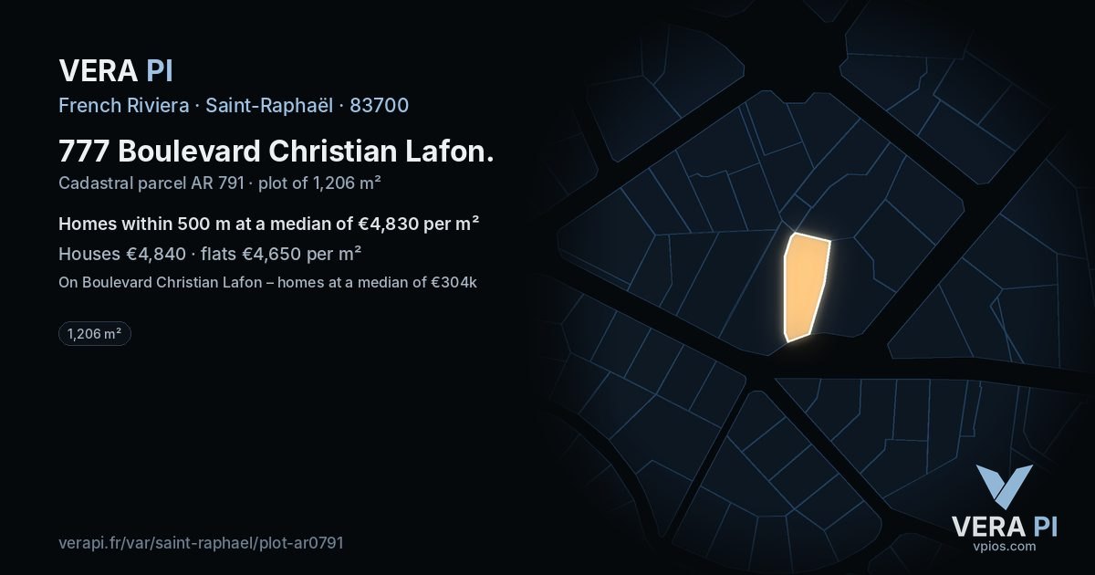 777 Boulevard Christian Lafon, Saint-Raphaël at night – the plot lit, the parcels around coloured by the prices near them