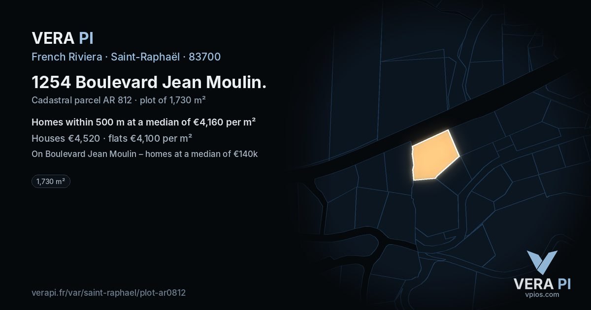 1254 Boulevard Jean Moulin, Saint-Raphaël at night – the plot lit, the parcels around coloured by the prices near them