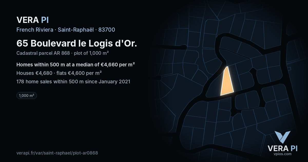 65 Boulevard le Logis d'Or, Saint-Raphaël at night – the plot lit, the parcels around coloured by the prices near them