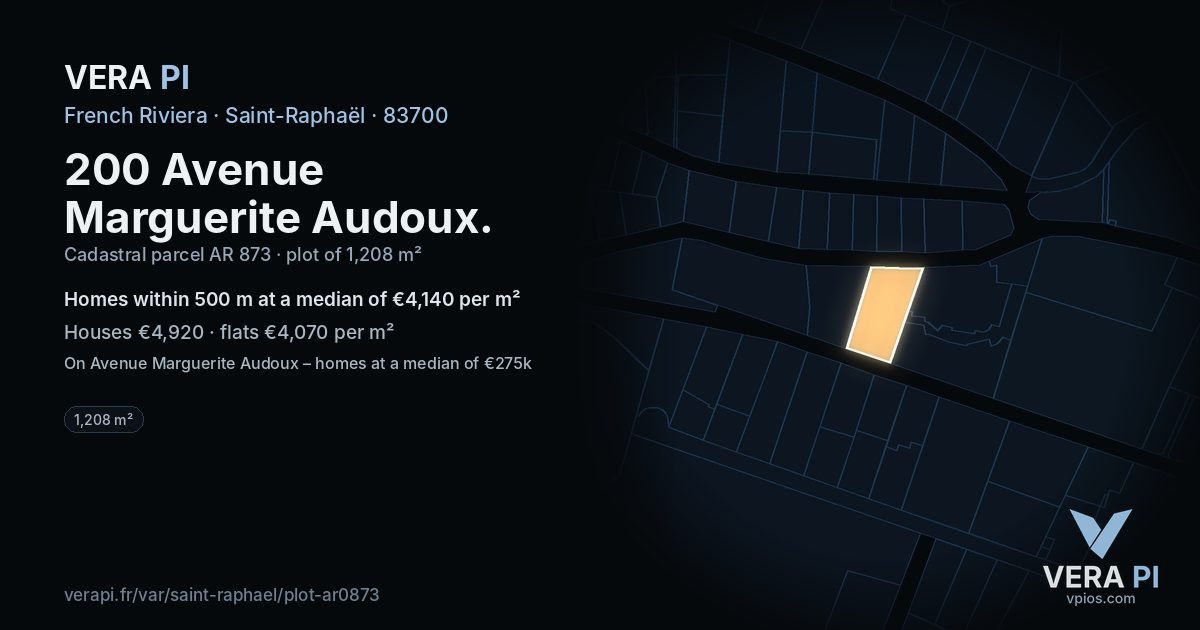200 Avenue Marguerite Audoux, Saint-Raphaël at night – the plot lit, the parcels around coloured by the prices near them