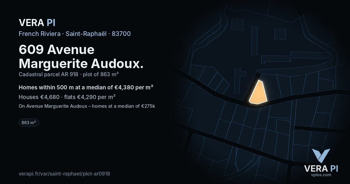 609 Avenue Marguerite Audoux, Saint-Raphaël at night – the plot lit, the parcels around coloured by the prices near them