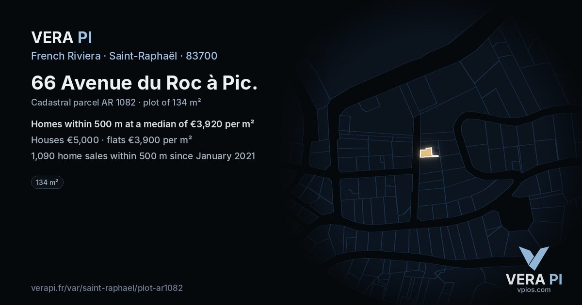 66 Avenue du Roc à Pic, Saint-Raphaël at night – the plot lit, the parcels around coloured by the prices near them