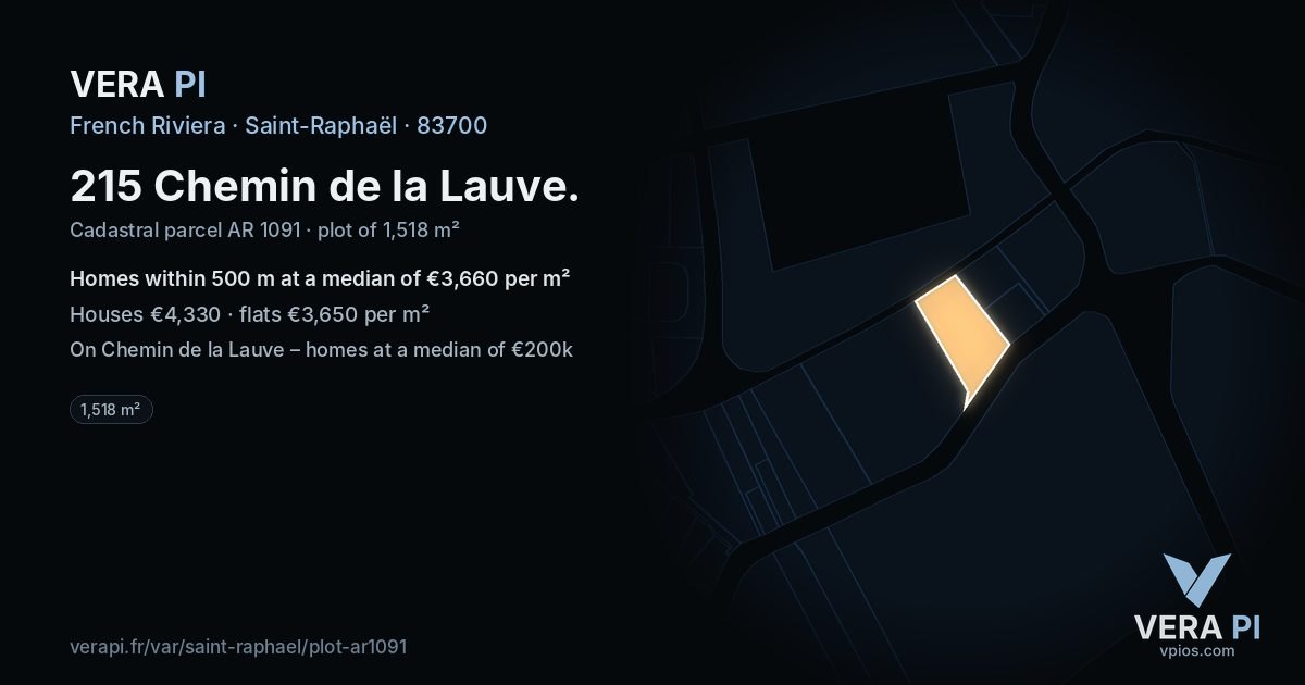 215 Chemin de la Lauve, Saint-Raphaël at night – the plot lit, the parcels around coloured by the prices near them