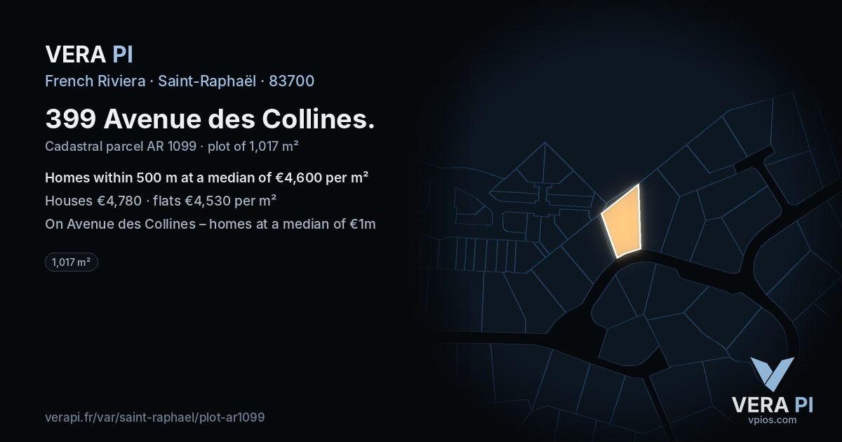 399 Avenue des Collines, Saint-Raphaël at night – the plot lit, the parcels around coloured by the prices near them