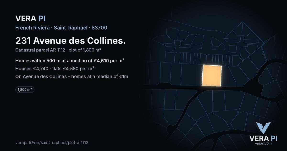 231 Avenue des Collines, Saint-Raphaël at night – the plot lit, the parcels around coloured by the prices near them