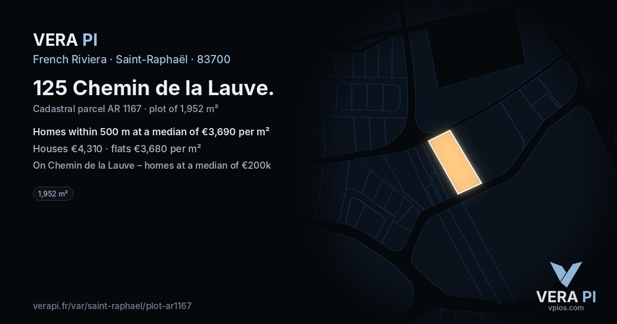 125 Chemin de la Lauve, Saint-Raphaël at night – the plot lit, the parcels around coloured by the prices near them