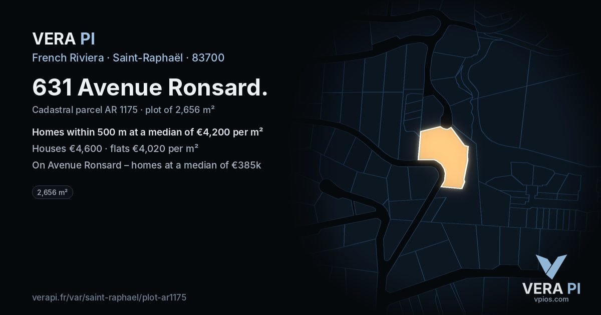 631 Avenue Ronsard, Saint-Raphaël at night – the plot lit, the parcels around coloured by the prices near them