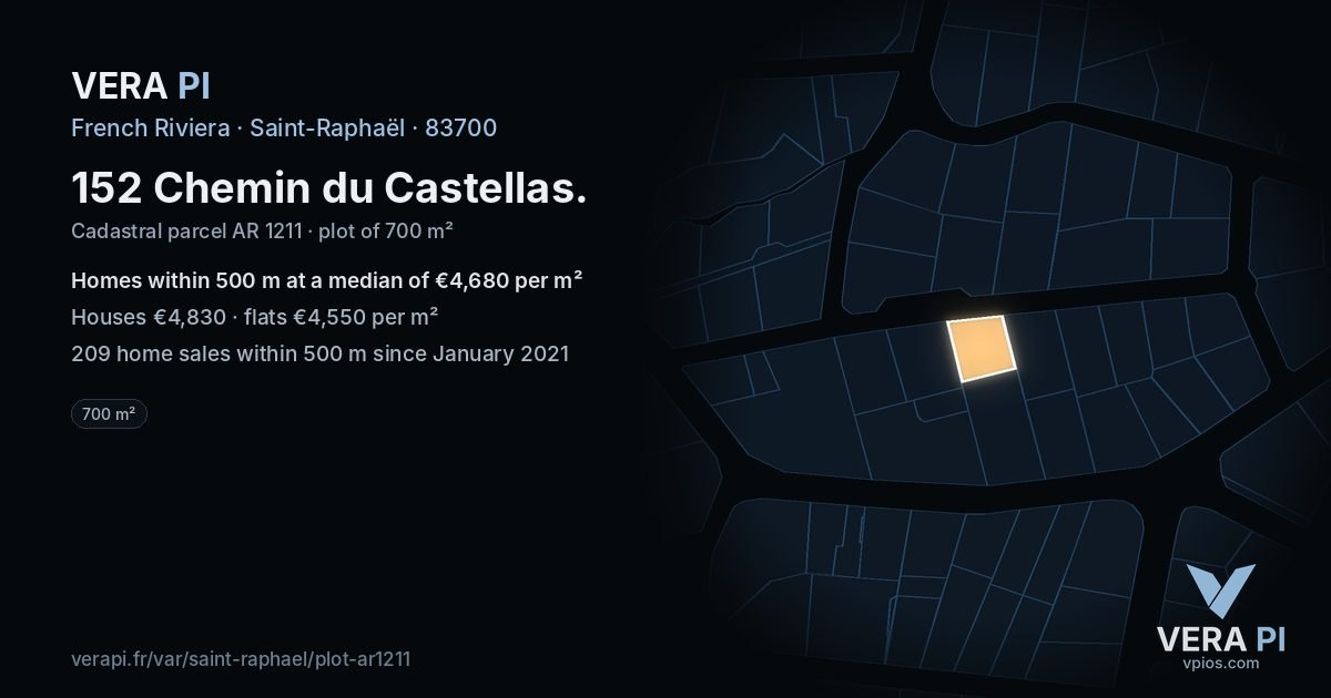 152 Chemin du Castellas, Saint-Raphaël at night – the plot lit, the parcels around coloured by the prices near them