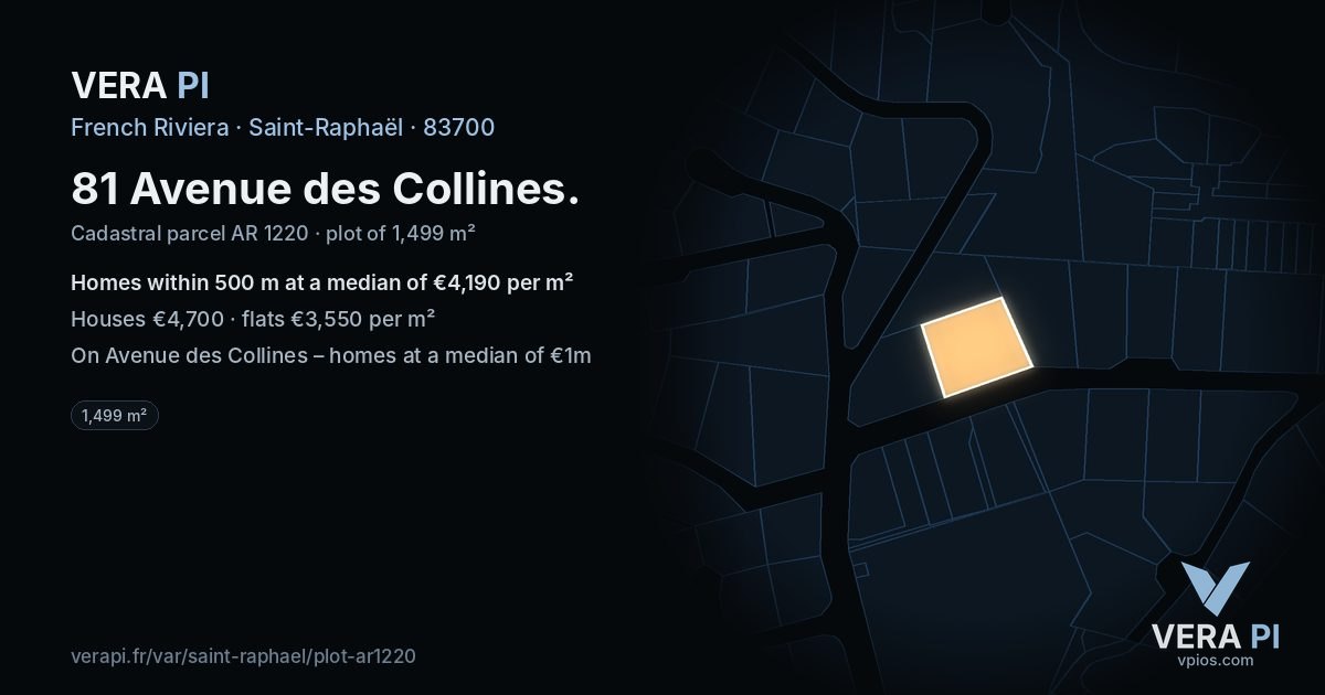 81 Avenue des Collines, Saint-Raphaël at night – the plot lit, the parcels around coloured by the prices near them