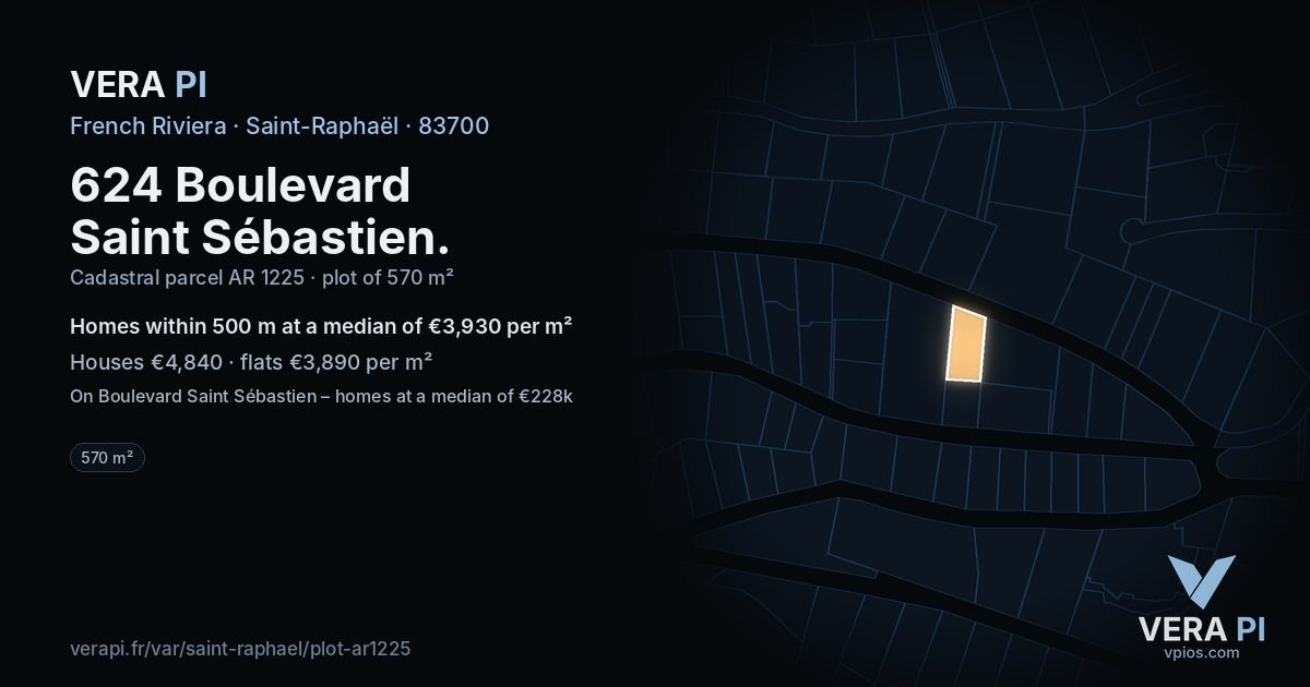 624 Boulevard Saint Sébastien, Saint-Raphaël at night – the plot lit, the parcels around coloured by the prices near them
