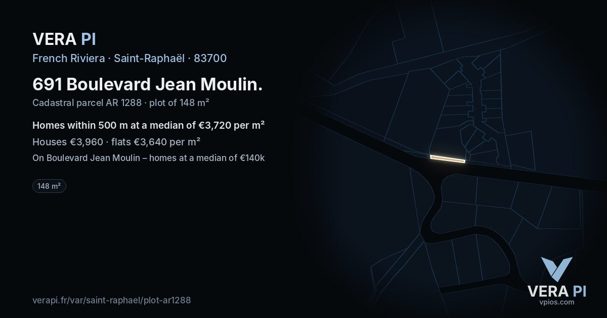 691 Boulevard Jean Moulin, Saint-Raphaël at night – the plot lit, the parcels around coloured by the prices near them