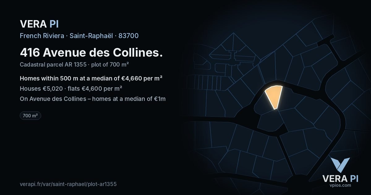 416 Avenue des Collines, Saint-Raphaël at night – the plot lit, the parcels around coloured by the prices near them