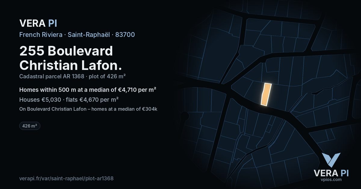 255 Boulevard Christian Lafon, Saint-Raphaël at night – the plot lit, the parcels around coloured by the prices near them