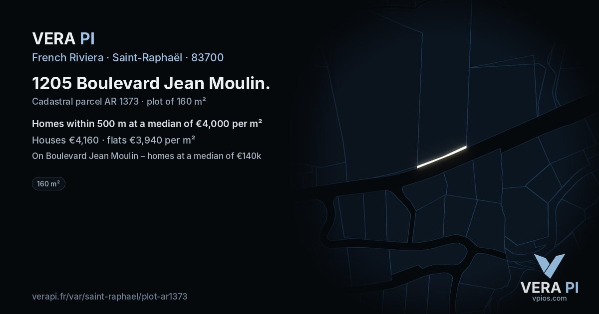 1205 Boulevard Jean Moulin, Saint-Raphaël at night – the plot lit, the parcels around coloured by the prices near them