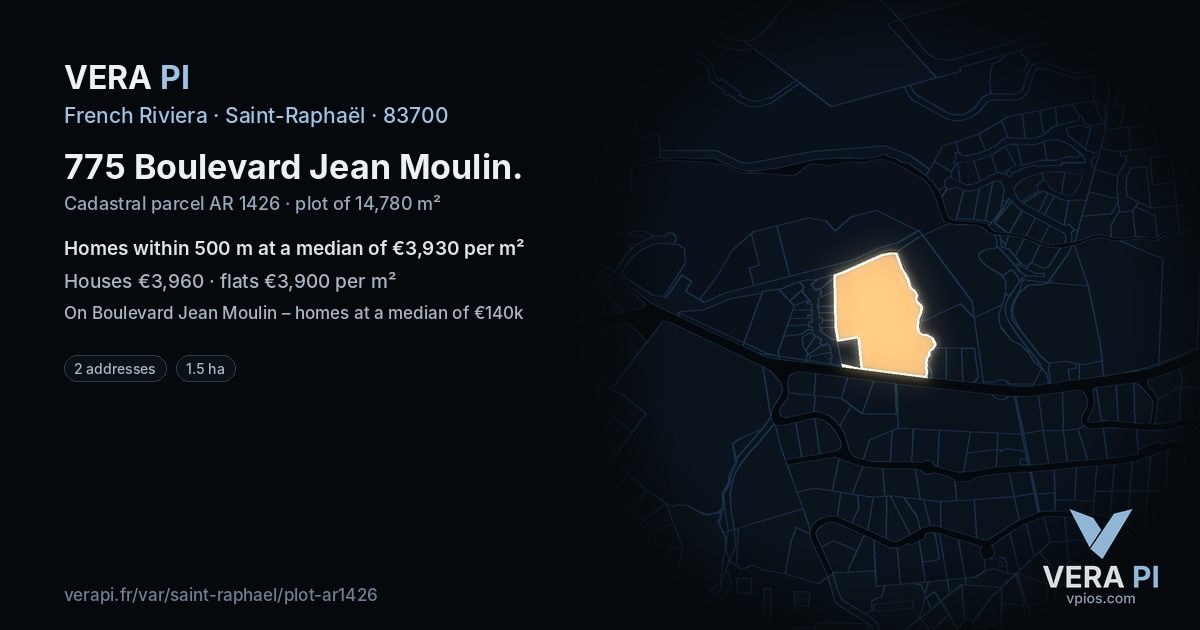 775 Boulevard Jean Moulin, Saint-Raphaël at night – the plot lit, the parcels around coloured by the prices near them